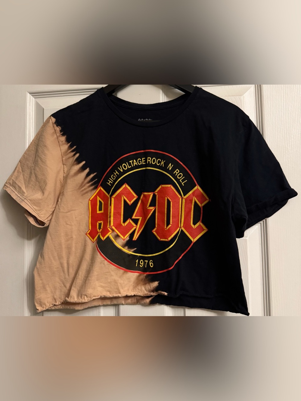 AC/DC Black Tee with Red & Yellow Logo and Tan Bleach